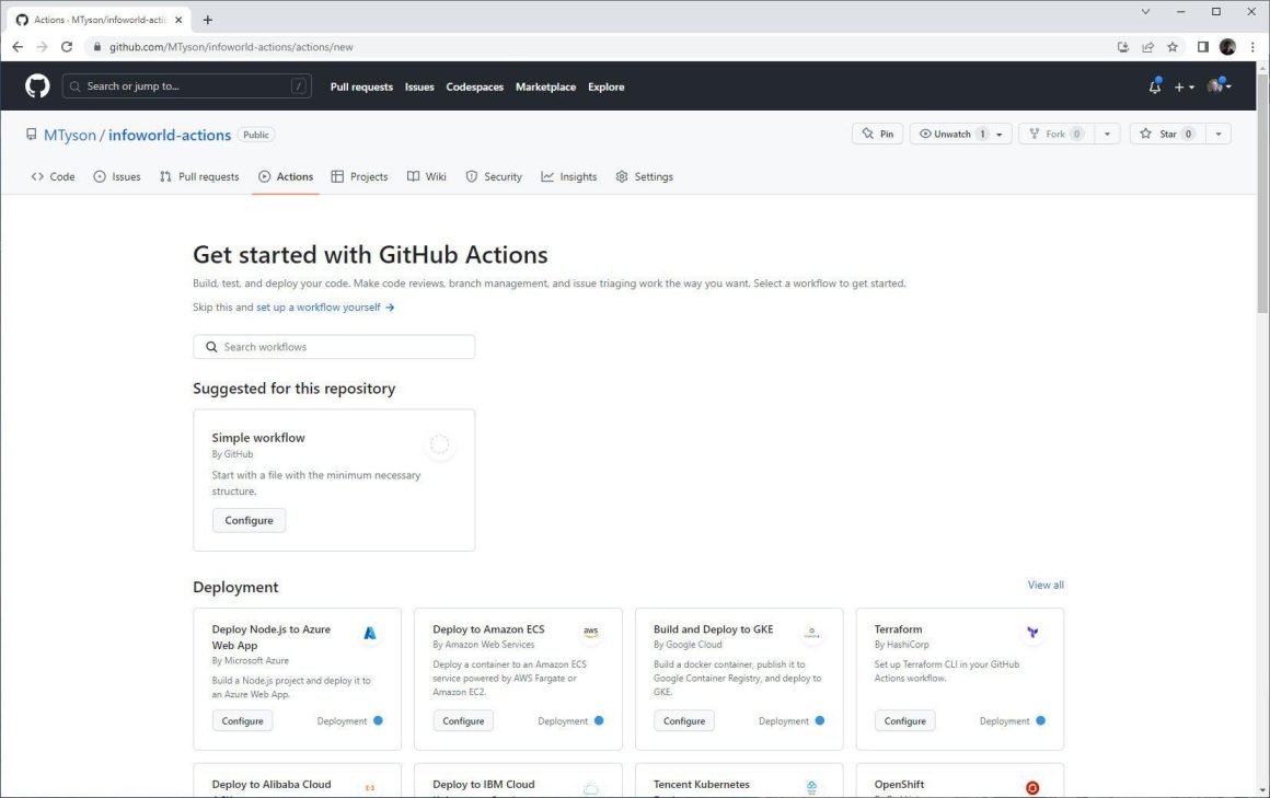 Figure 1. The GitHub Actions template gallery