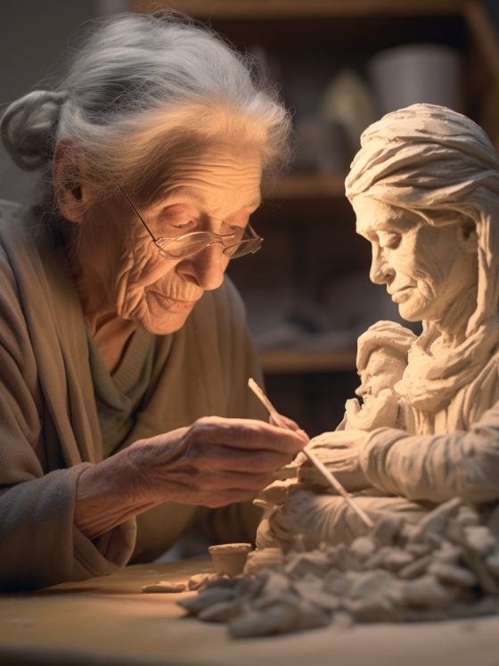 Elderly artisan sculpting in workshop
