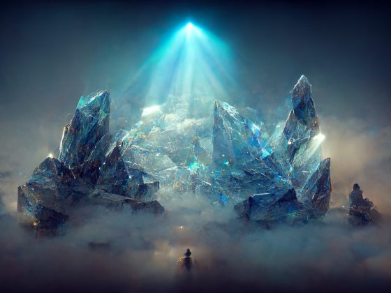 AI | Crystal emerging from bluish fog watercolors and silver