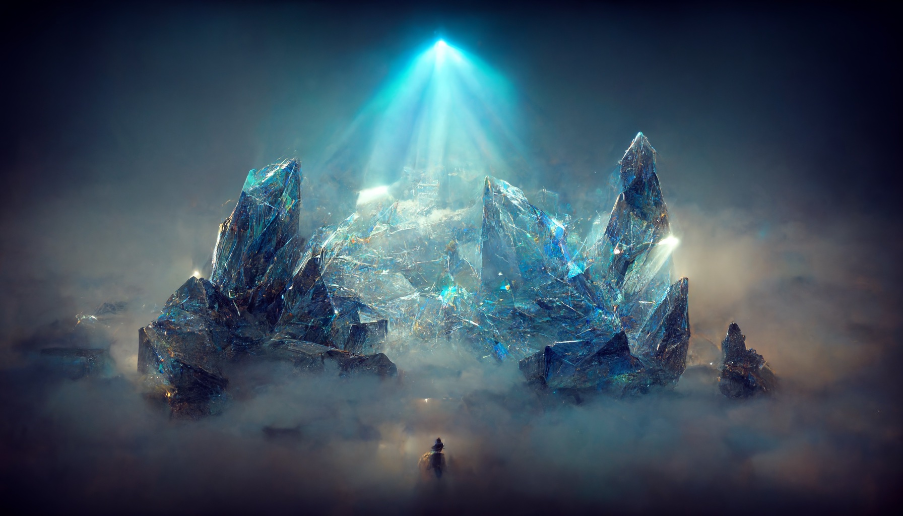 AI | Crystal emerging from bluish fog watercolors and silver