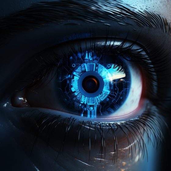 Robotic eyes glowing like blue light with vibrant colors