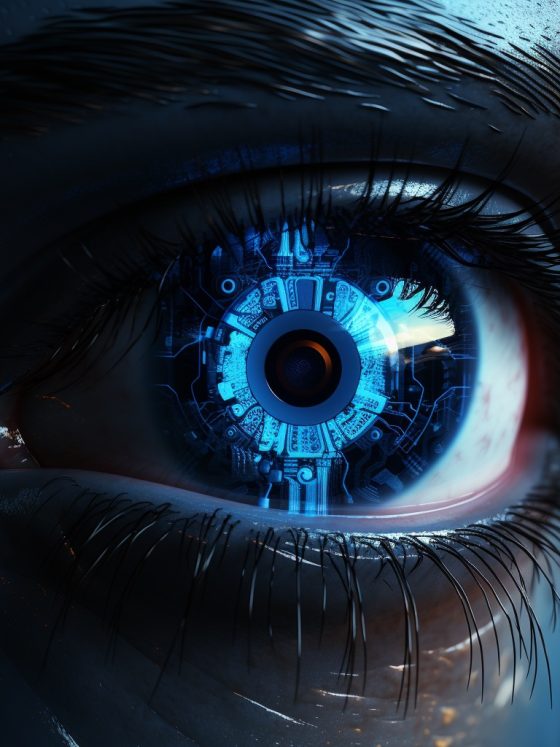 Robotic eyes glowing like blue light with vibrant colors