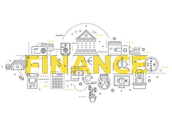 Finance linear design with yellow title and monochrome icons of banking operations and customer service vector illustration