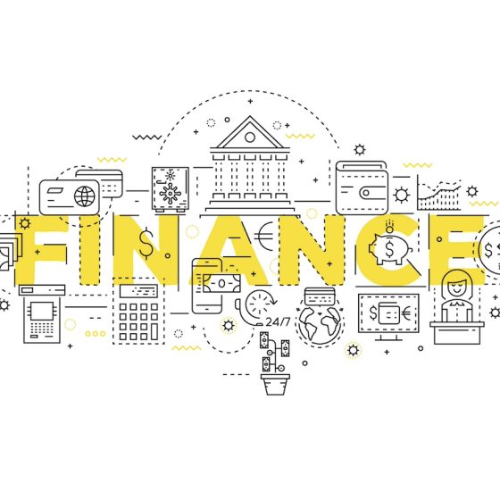 Finance linear design with yellow title and monochrome icons of banking operations and customer service vector illustration