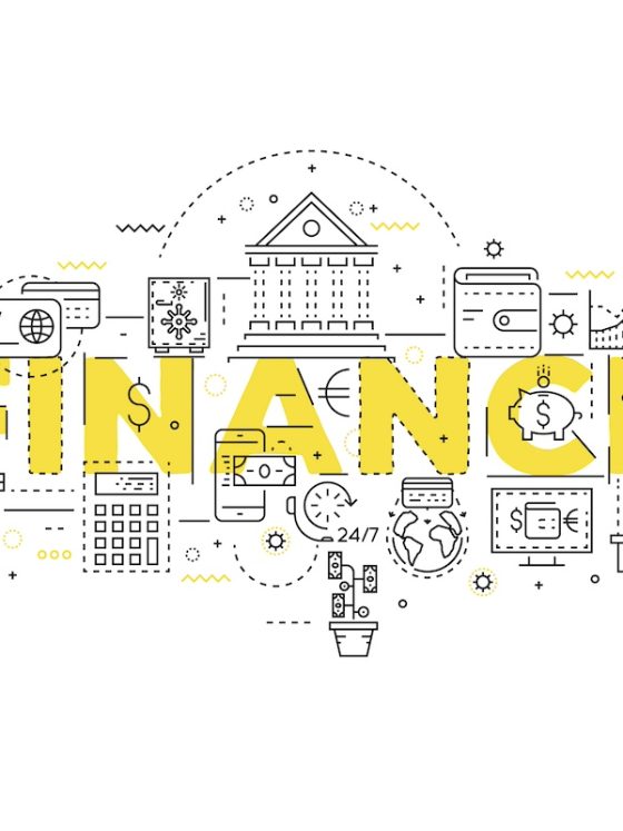 Finance linear design with yellow title and monochrome icons of banking operations and customer service vector illustration