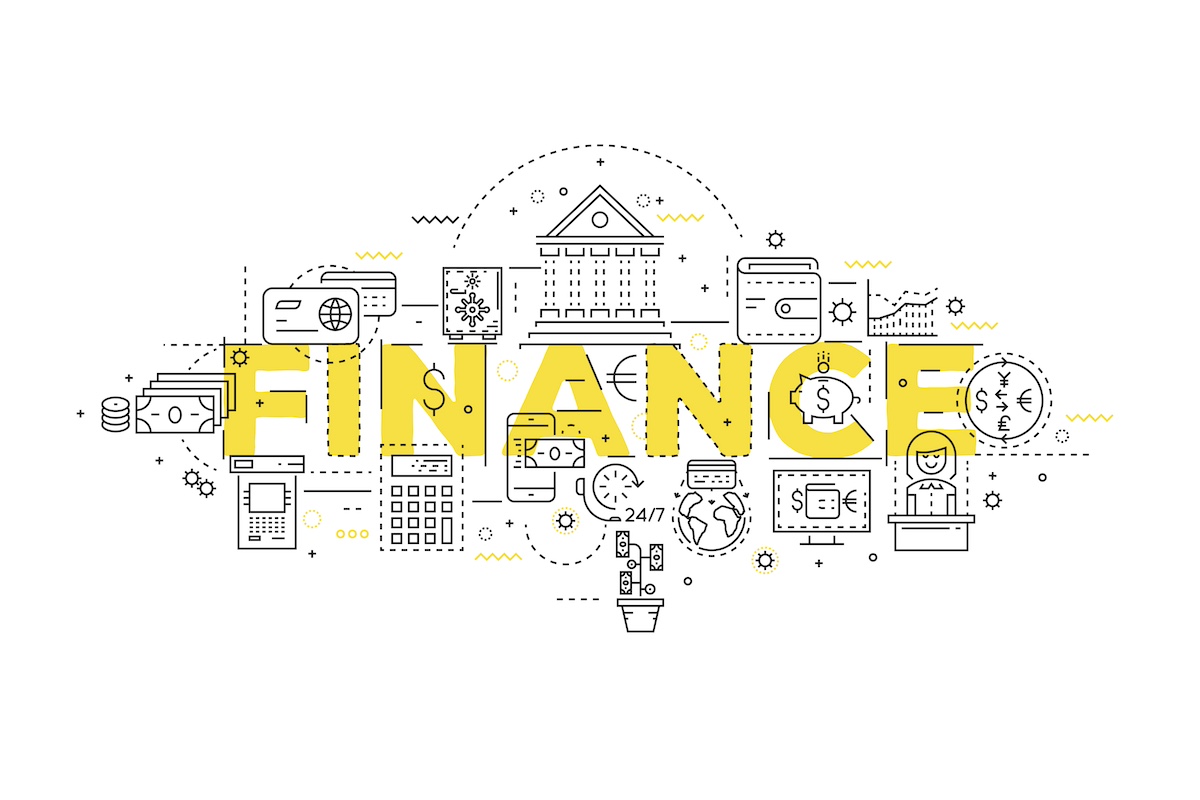 Finance linear design with yellow title and monochrome icons of banking operations and customer service vector illustration